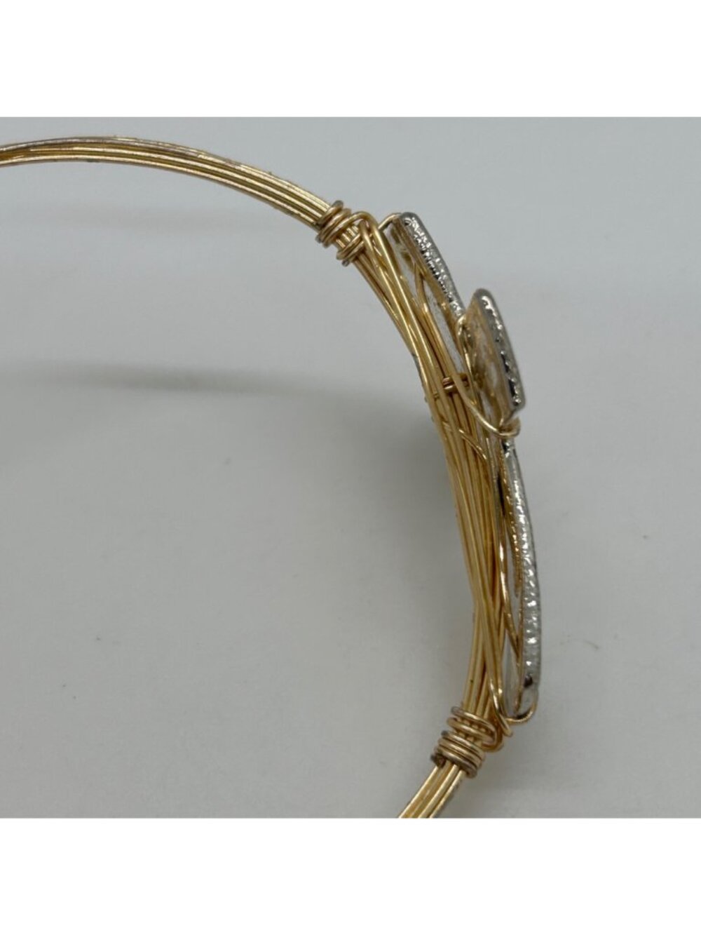 Mixed Metal Bracelet Gold Tone Wire Wrapped Silver Tone Cross Bangle Religious - Picture 9 of 12